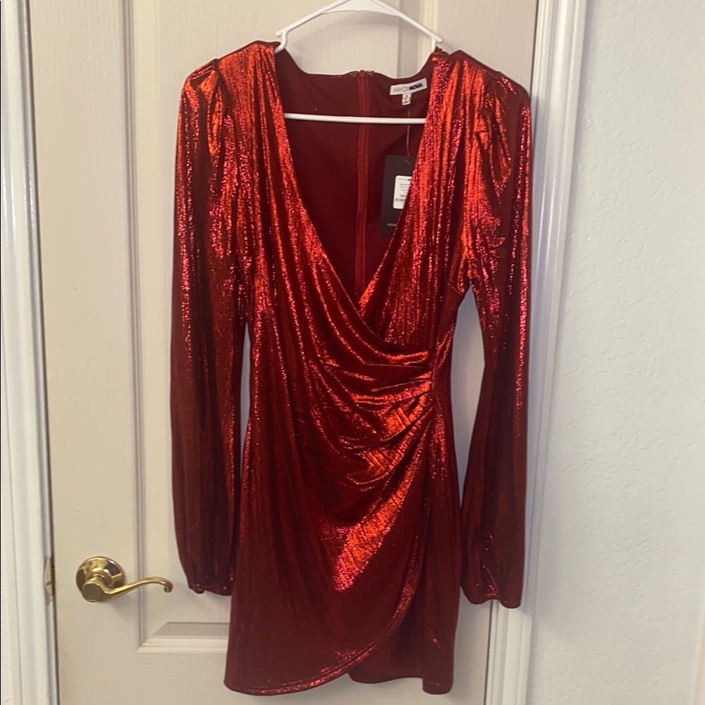 Shimmery Zip Up Red Long Sleeve Dress, Great For The Holidays